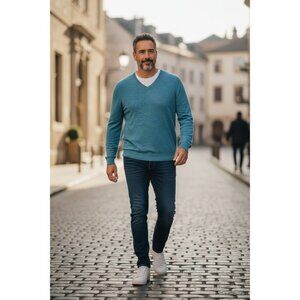 Tasca Collection Sweater Men's Sz M Light Blue V Neck 100% Merino Wool